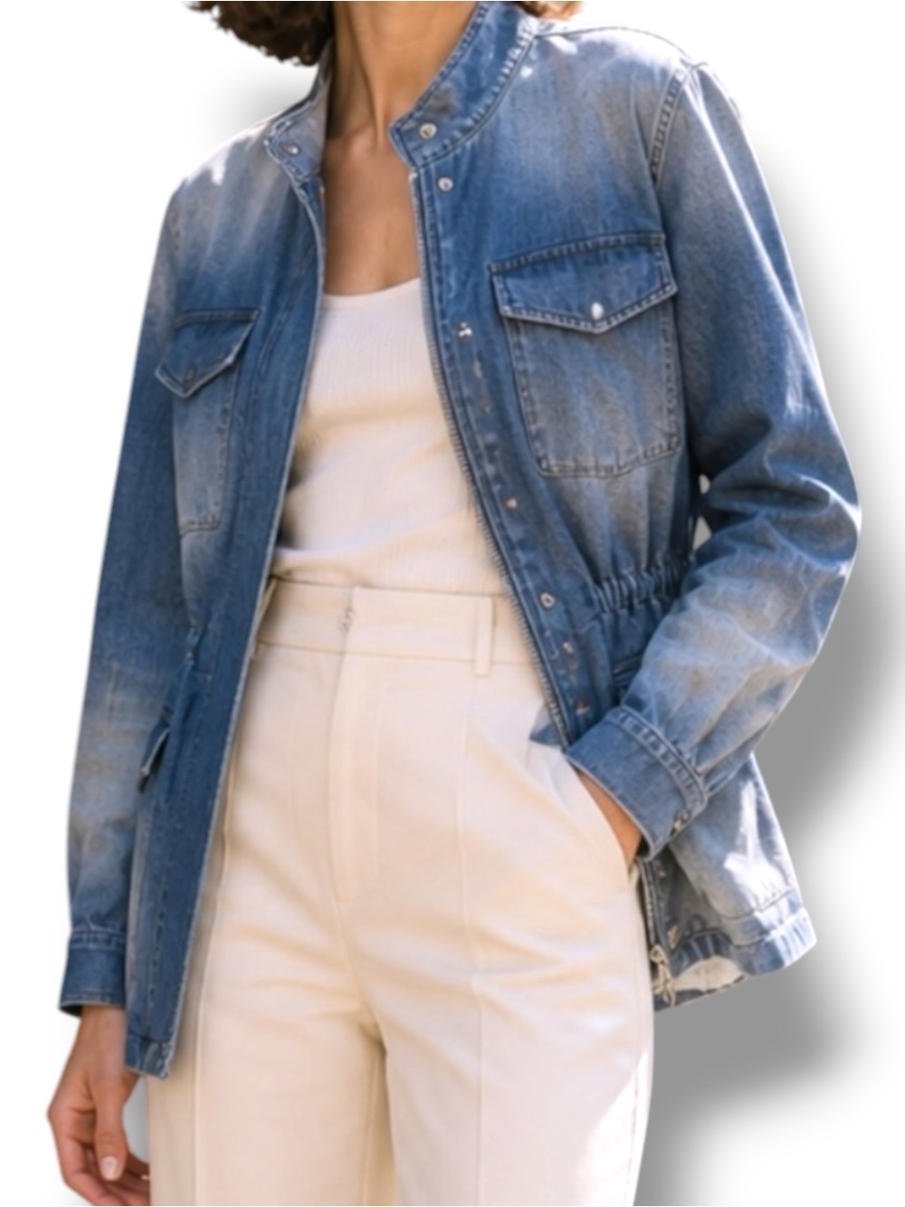 Closed Cinched Waist Denim Utility Jacket Structured Light Wash S